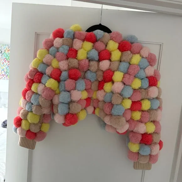 ❌SOLD❌Alice + Olivia Fawn Pompom Cropped Jacket XS/S Multicolor Cardigan Ribbed - Picture 9 of 15